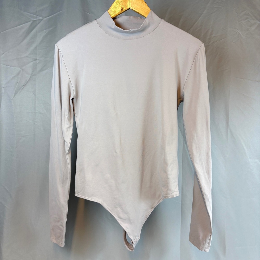 Babaton Mock Neck Long Sleeve Bodysuit Dove Gray Women Large Capsule Minimalist